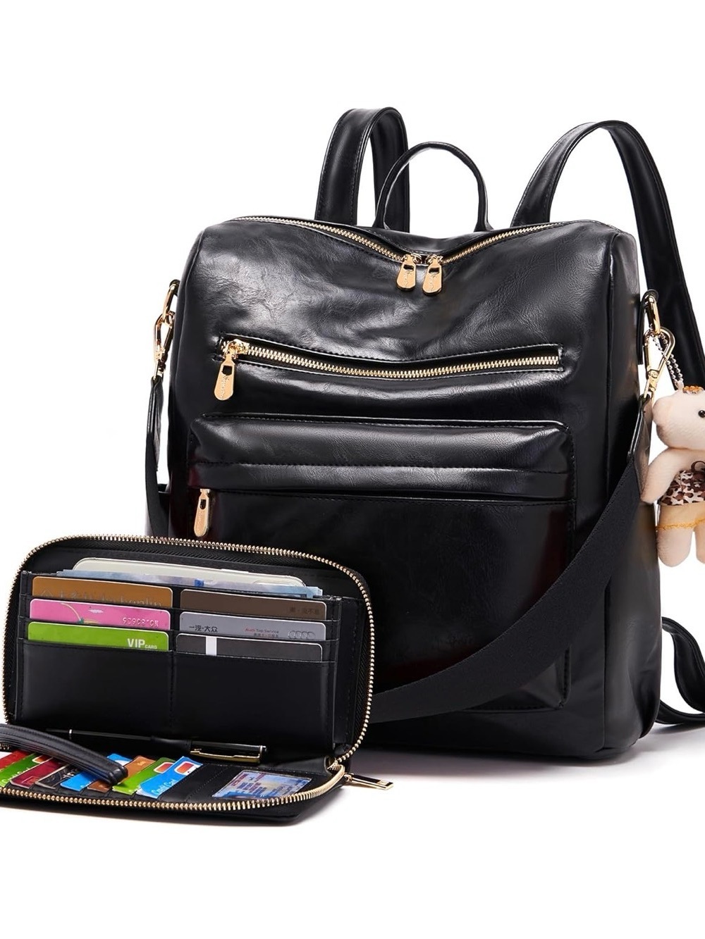Black Vegan Leather Women’s Convertible Backpack with Gold Hardware